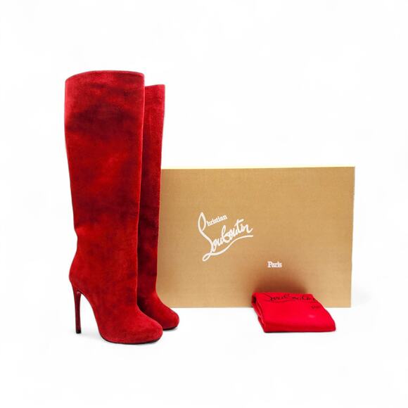 Christian Louboutin Vitish Suede Knee High Boots Red EU 35.5 US 5 - New $1950 - Picture 1 of 8